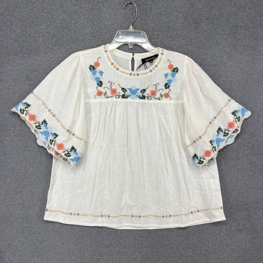 Solitaire Embroidered Blouse Womens L White Linen Blend Flutter Sleeve Boho Top